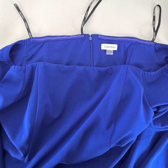 Calvin Klein Off-Shoulder Sheath Blue Dress Size 14 Ruffled 3/4 Sleeves EUC - Picture 9 of 14